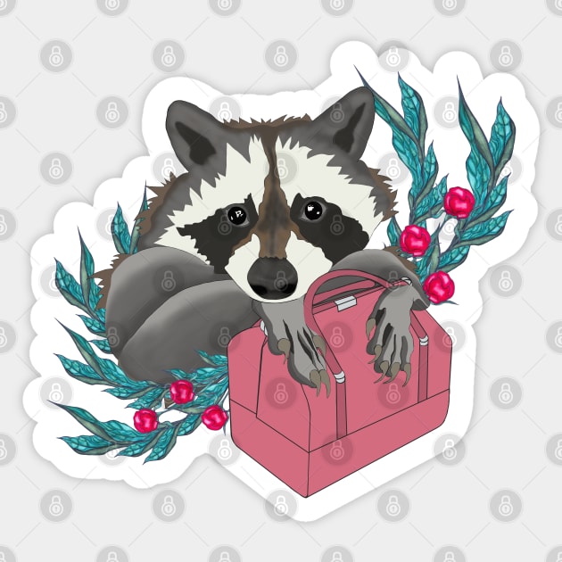 Fashionable raccoon with pink bag and flowers